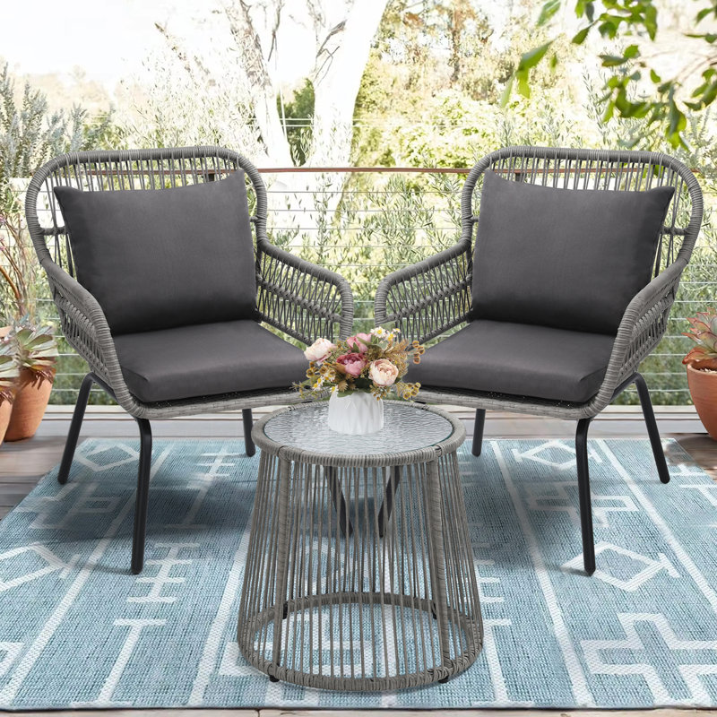 3 Pieces Rattan Wicker Outdoor Conversation Bistro Set,Grey, Gray Cushion/Gray Frame