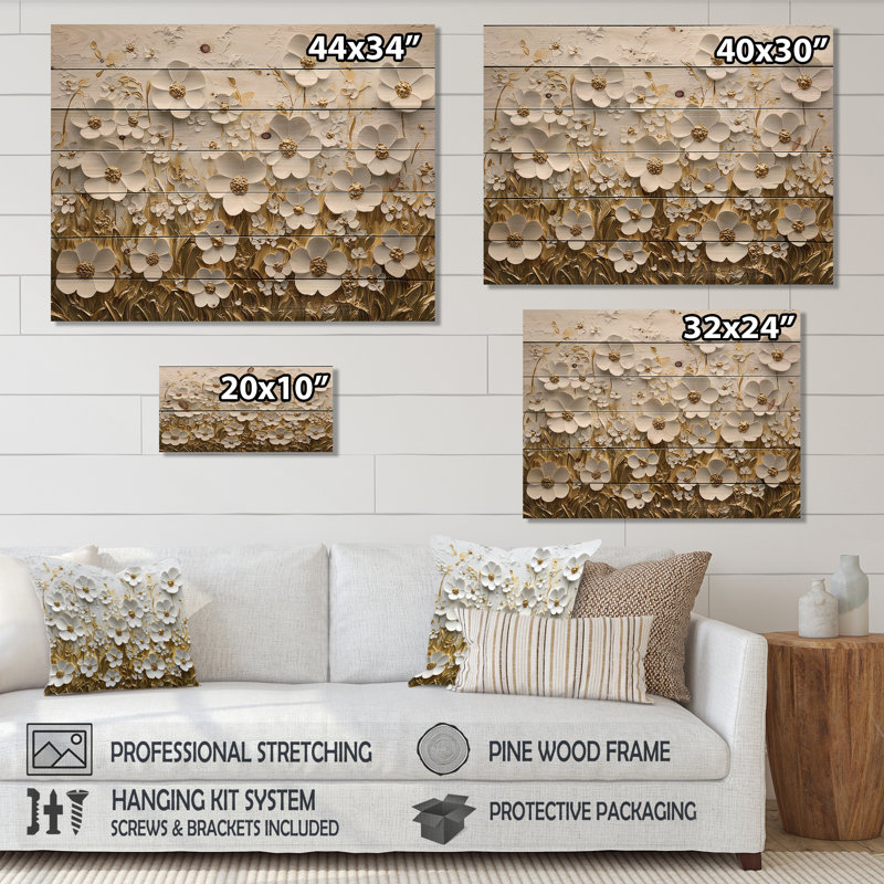 Wildflowers Golden Creamy Blossoms In The Spring I - Wildflowers Wood Wall Decor, 34" H x 44" W x 0.78" D