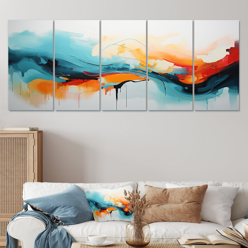 «Blue and Orange Colorful Abstract Waves IV» - Peinture abstraite, 5 pièces, art mural sur toile, H 28 po x l 60 po