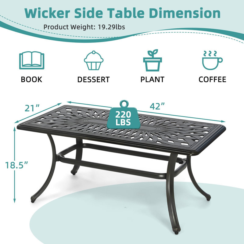  Outdoor Coffee Table, All-weather Cast Aluminum 42" Rectangle Patio Coffee Table, 220 Lbs Heavy Duty Patio Side Table For Balcony Poolside Deck Garden & Indoor Use, Dark Bronze