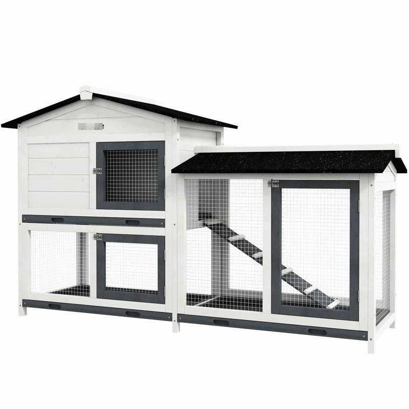 Cage en bois blanche de 62 po, aire de roulement, entretien facile, fabrication solide, portes verrouillables, plateau amovible, lapin de toit en asphalte, cage en bois blanche, spacieuse et propre