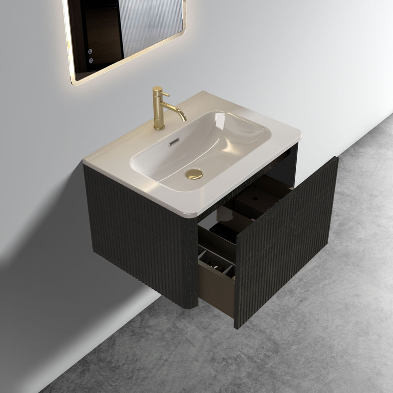Etna 24" Floating Bathroom Vanity with White Ceramic Sink - Modern Striped Brushed Black Oak Vanity, Pre-assembled with Push-Open Drawer Storage