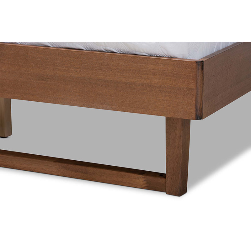 Artesha Mid-Century Modern Light Grey Fabric Upholstered And Ash Walnut Finished Wood King Size Platform Bed, Queen