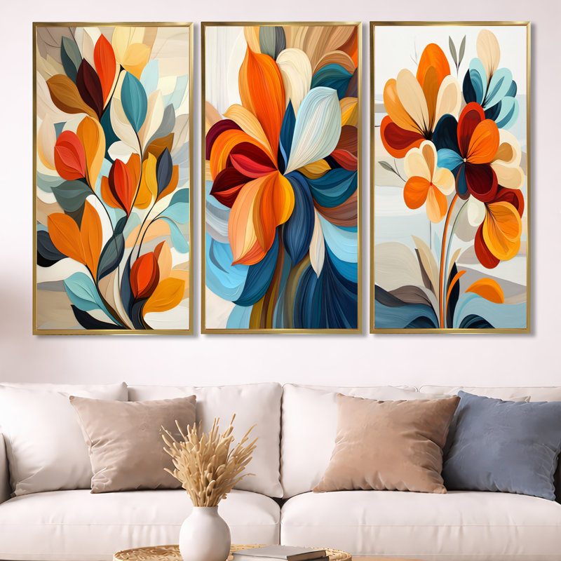 Mid Century Enchanted Bloom Flowers - Orange Abstract Floral, art mural 3 pièces, Cadre flottant doré, H 32 po x l 48 po