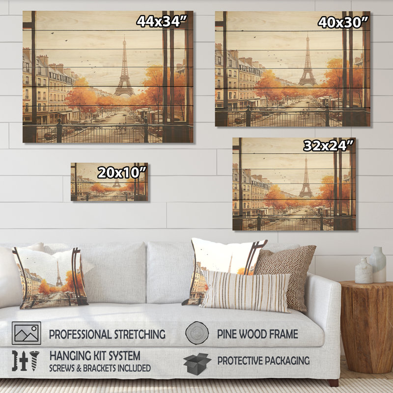 «Rustic Eiffel Tower Paris Window View III - City Paris», impression sur bois, H 10 po x l 20 po x P 0,78 po