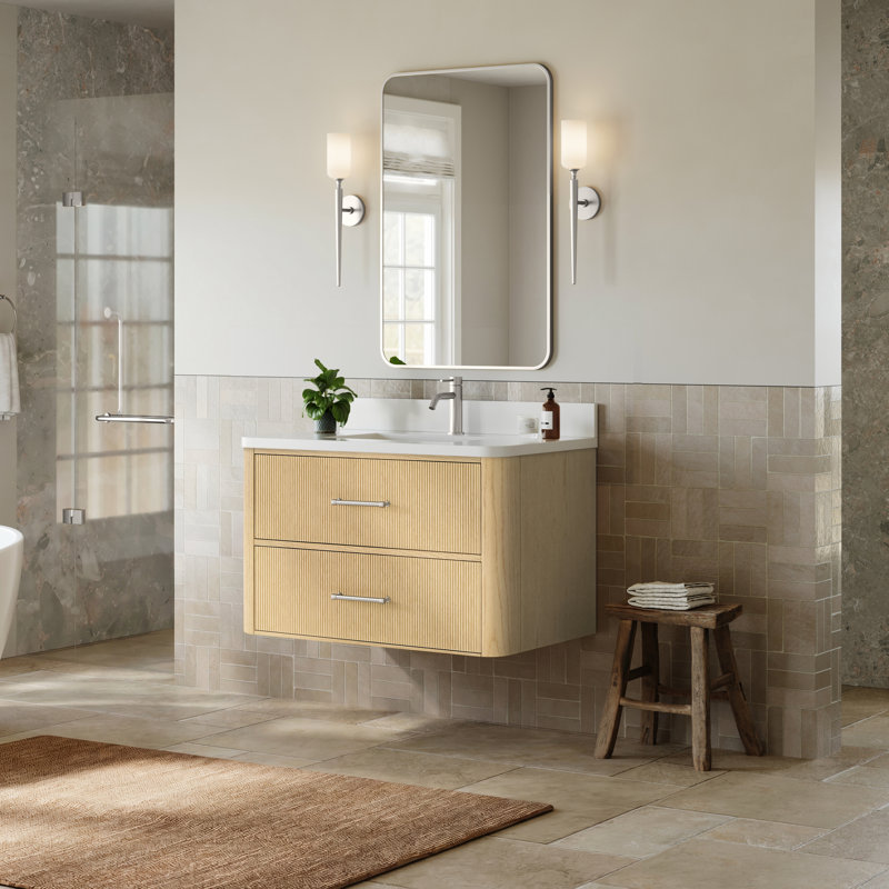 Meuble-lavabo mural simple en chêne scandinave de 36 po Francesca, Beige, Nickel brossé, Quartz blanc