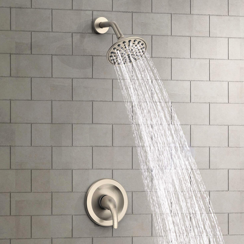Wall - Mounted Single Handle 6 Spray Pattern Shower Head With Included Valve And Arm, 360° Adjustable Joint On Head, Holes For Easy Maintenance, Brushed Nickel Plastic Design Functions Faucet
