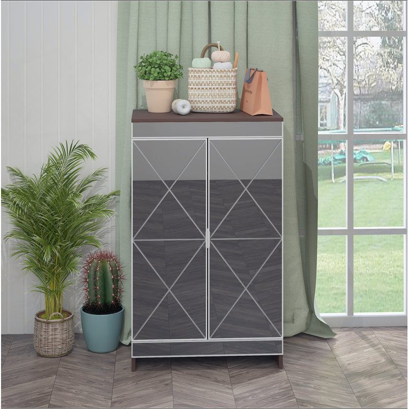 Elegant Decor Mirrored Cabinet With Silver Edging,Mirrored Cabinet With Double Door Storage,Shoe Storage Cabinet For Entryway,Glass