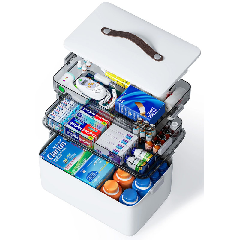 JOYBOS 3-Tier Medicine Organizer - Portable Medicine Cabinet With Leather Handle,Empty First Aid Kit For Home, 17QT（3 -Tier）