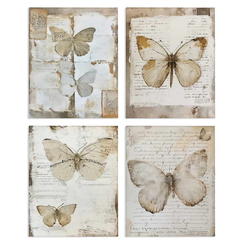  «Neutral Vintage Butterflies», ensemble de 4 impressions sur toile par RileyB, H 14 po x l 11 po