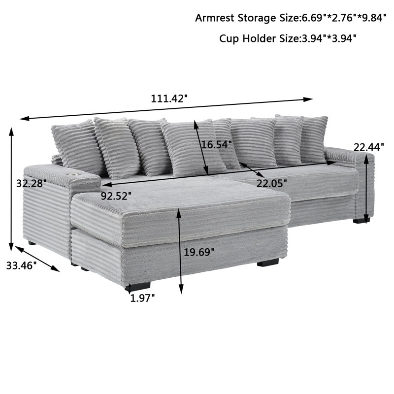 111" Sofa with cup holders reversible chaise lounge, Gray Corduroy