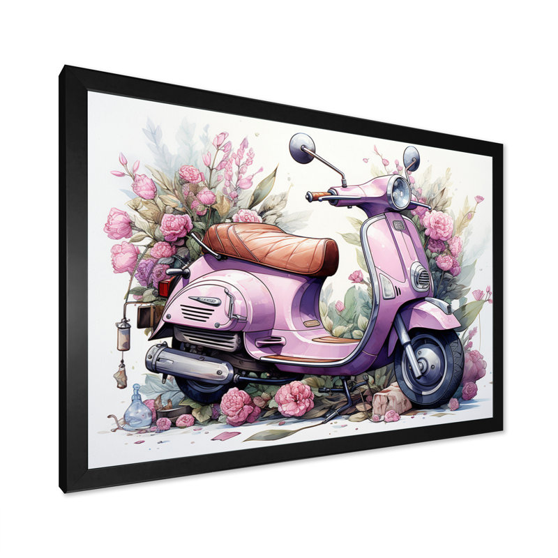 «Pink Scooter Floral Fantasy II», reproduction sur toile, Cadre simple noir, H 30 po x l 40 po x P 1,5 po