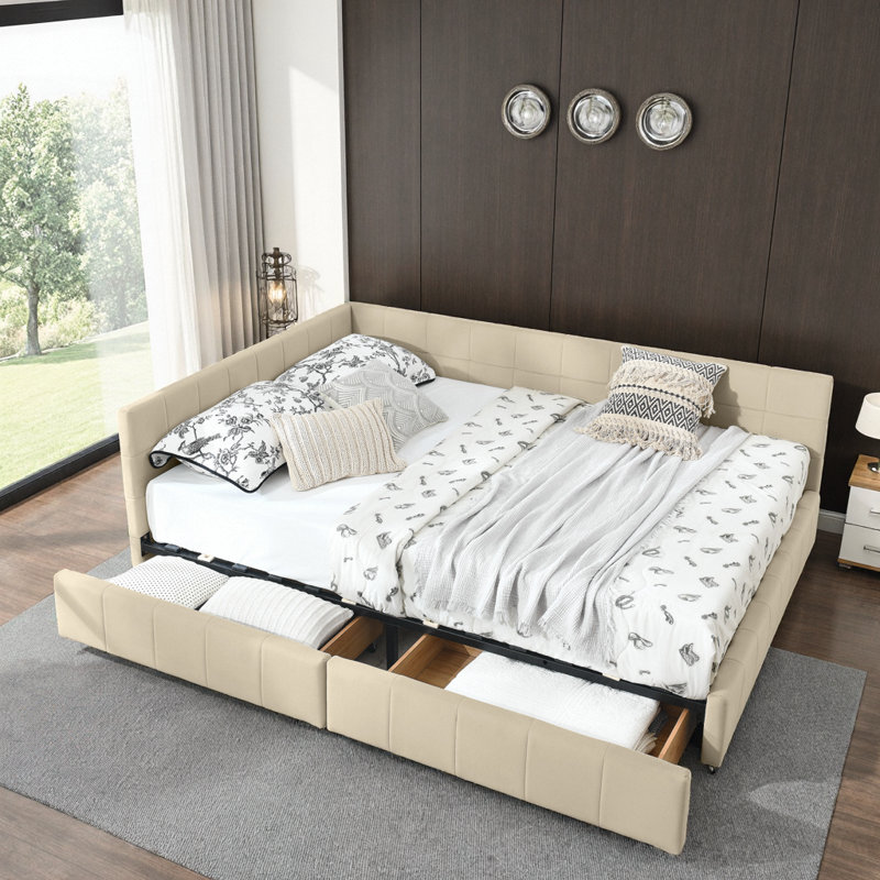 Structure de canapé-lit en velours capitonné pour grand lit avec tiroirs de rangement, dossier et accoudoirs - Lit de repos beige Mid-Century pour chambre à coucher ou salon
