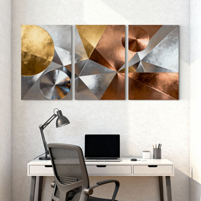 Geometric Metal Circles and Triangles Abstract Art Canvas Wrapped Wall Art Oil Painting Print Set of 3