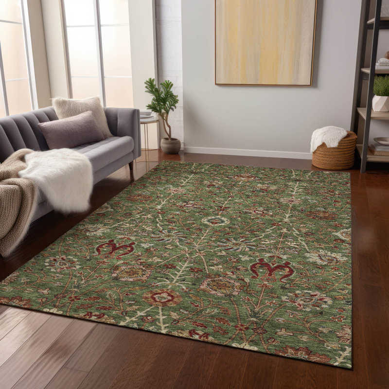 Green and Red Floral Synthetic Washable 5' x 7' Area Rug