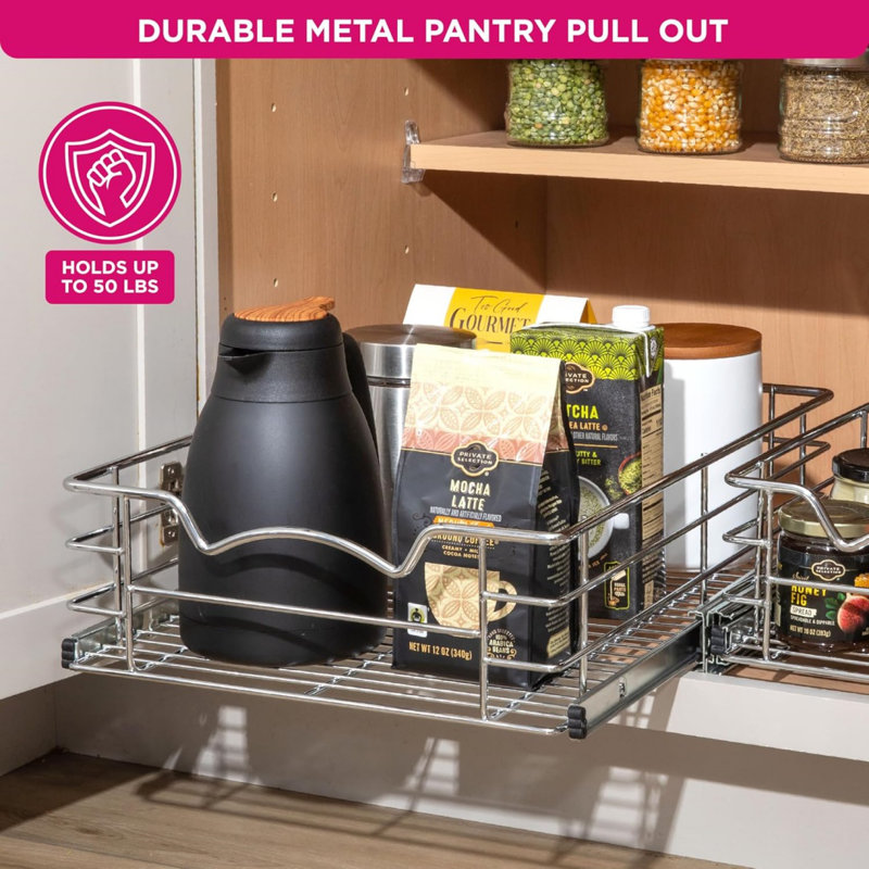 Heavy-Duty Premium Collection Pull Out Cabinet Organizer - Pantry Drawer Slide Out Caddy - Basket Size 11" W X 21" D X 5" H, Anti-Rust Chrome Finish