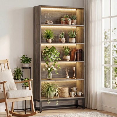 Bibliothèque de 70,47 po de hauteur avec 5 tablettes de rangement à 5 niveaux, grande bibliothèque avec lumières DEL pour le salon et la chambre à coucher