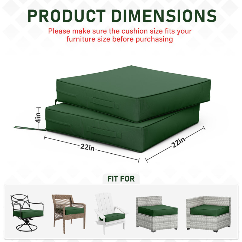 Coussins de siège d'extérieur (ensemble de 2), Vert, 4 pouces, L 22 po x P 22 po
