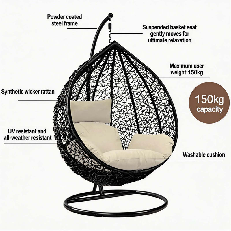 Naperon Garden Swing Chair with Stand, Black/White