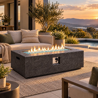 48-Inch Rectangular Propane Fire Pit Table, 50,000 BTU CSA Certified MGO Outdoor Gas Fire Table with Blue Fire Glass, Gray Stone-Look Patio Fire Pit for Deck, Backyard & Outdoor Lounge