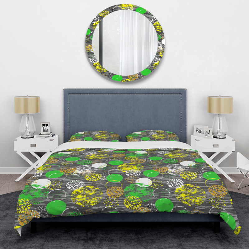 Green and Yellow Circle Pattern Polyester Duvet Cover Set, Twin Duvet Cover + 2 Standard Shams