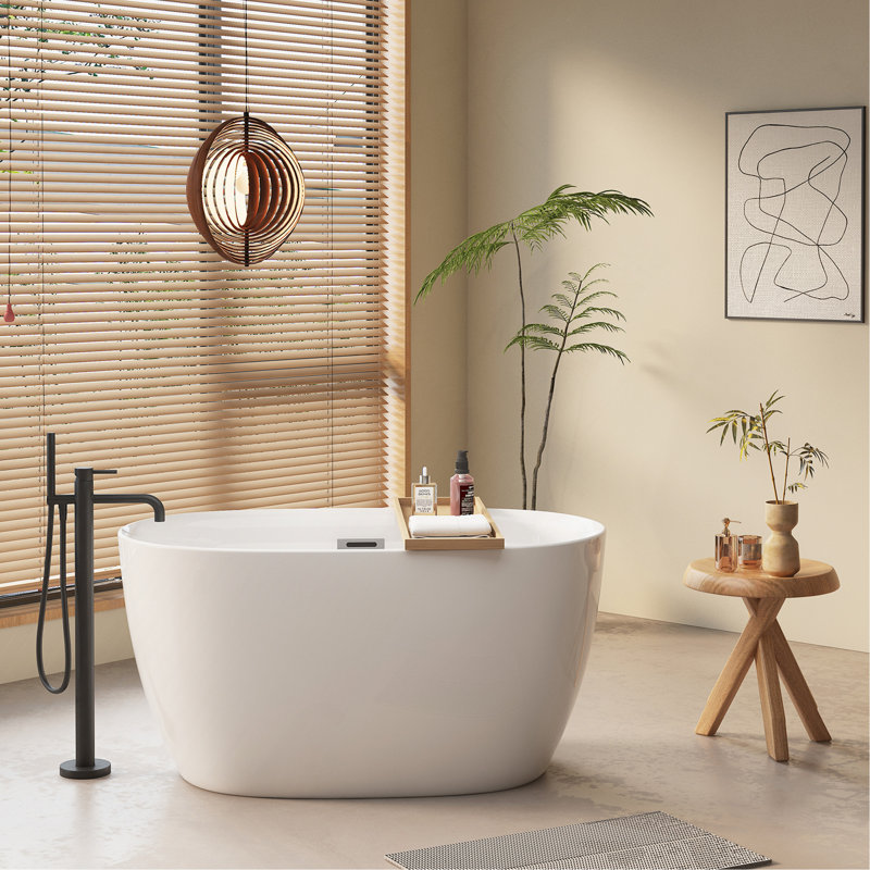 Baignoire autoportante en acrylique de 47 po - Baignoire de trempage en acrylique, baignoire blanche, baignoire autoportante de forme ovale avec trop-plein chromé et bonde escamotable