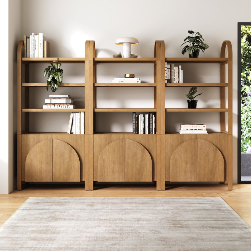 3 Tier Arched Bookshelf With Cabinet Base And Solid Wood Frame (3-Piece Set), Light Brown