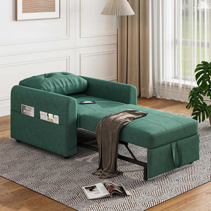 3 In 1 Accent Chairs Bed, Convertible Sleeper Chair Bed With Usb & Type-c Ports, Side Pocket, Pull Out Accent Chairs Bed Linen Armchair With Adjustable Backrest For Living Room/apartment/small Space