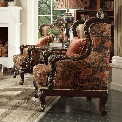 Dark Red Mahogany Carved Wood Traditional Accent Chair Fabric Pillow Bun Feet