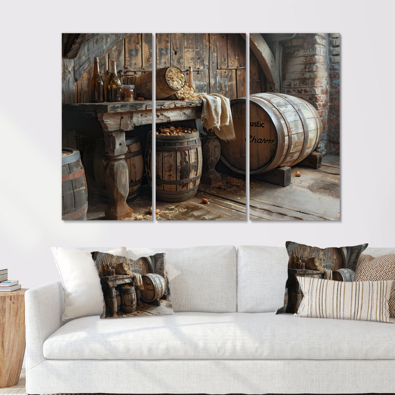 «Brown Rustic Barrels Charm I», ensemble de reproductions d'art mural rustique, Métal métal, H 32 po x l 48 po x P 1 po