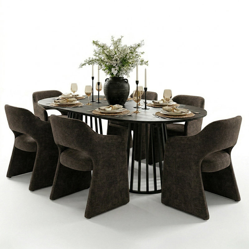 6 - Person Dining Table Sets With Extendable Table & 6 Upholstered Fabric Chairs, Dark Brown