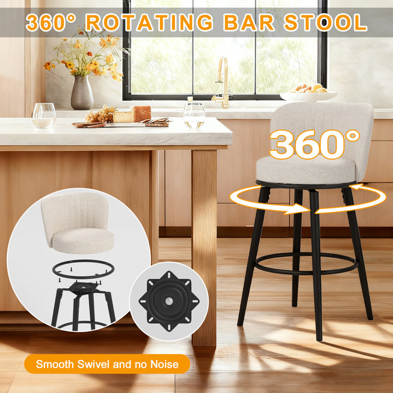 Ensemble de 4 tabourets de bar pivotants de 28,3 po avec dossier et repose-pieds, pieds en métal, beige, 4