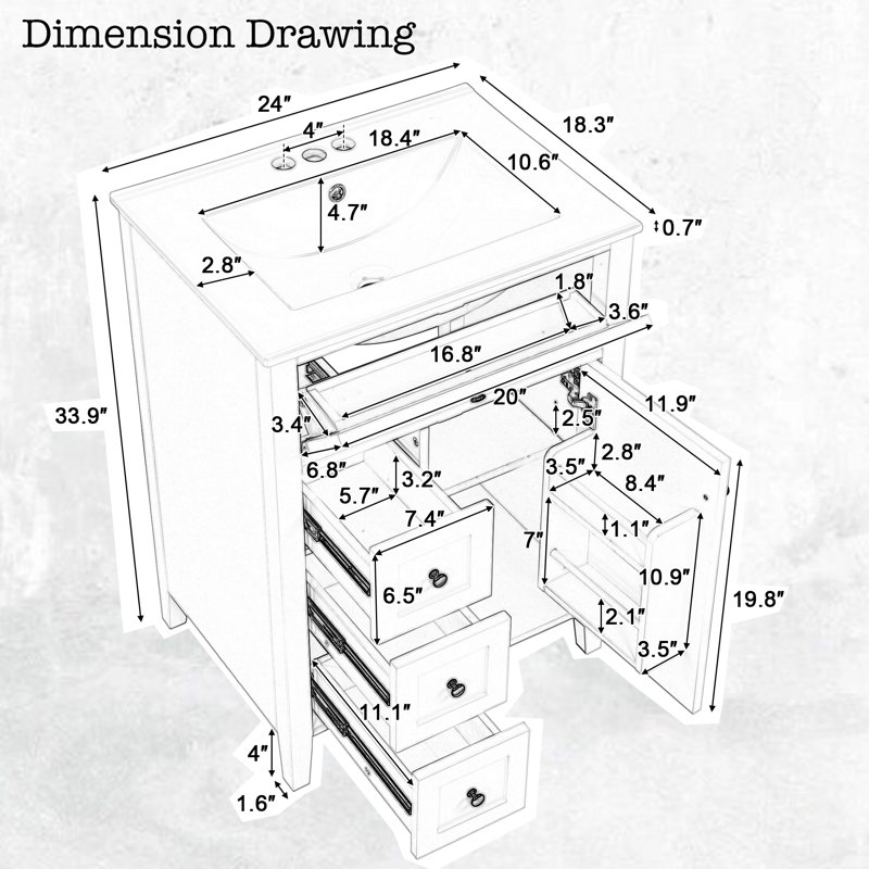 Meuble-lavabo 24 po avec évier - panneau de fibres à densité moyenne et bois d'hévéa, 3 tiroirs, armoire avec tablettes réglables
