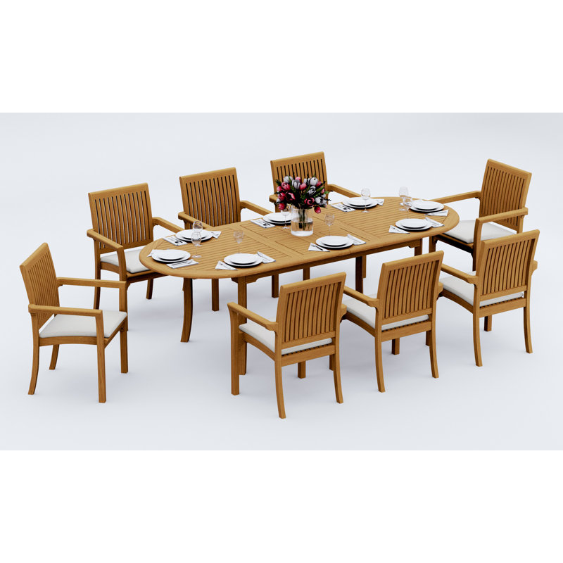 Ensemble de salle à manger 9 pièces en bois de teck de qualité A: table ovale à double extension 94 po et chaises empilables Lua # 11LU2208