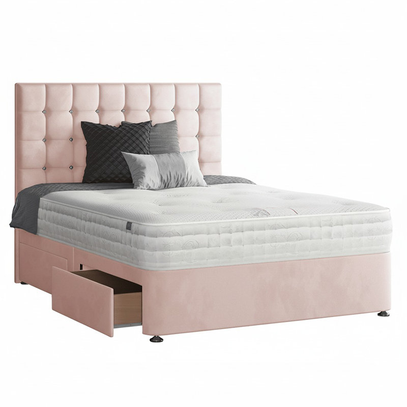 Galarza Upholstered Divan Bed, Single (3'), Pink, 2 Left Drawers