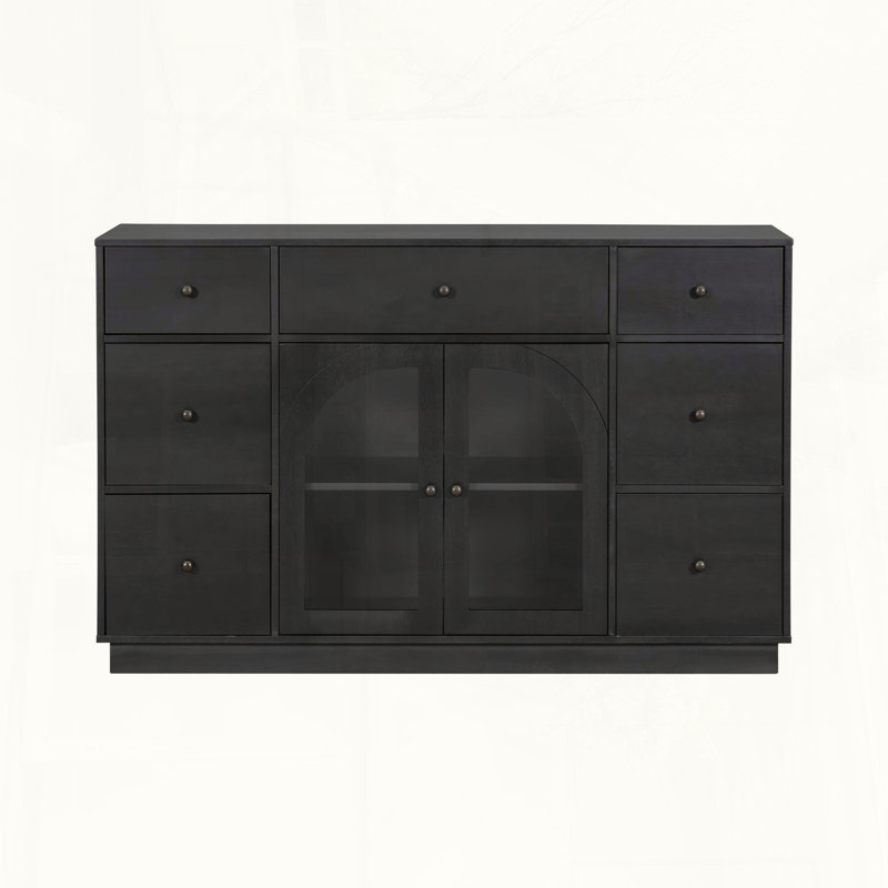 Black 55 Storage Cabinet with 2 Doors and 7 Drawers, 15.8" H x 55.1" W x 35.8" D, Black