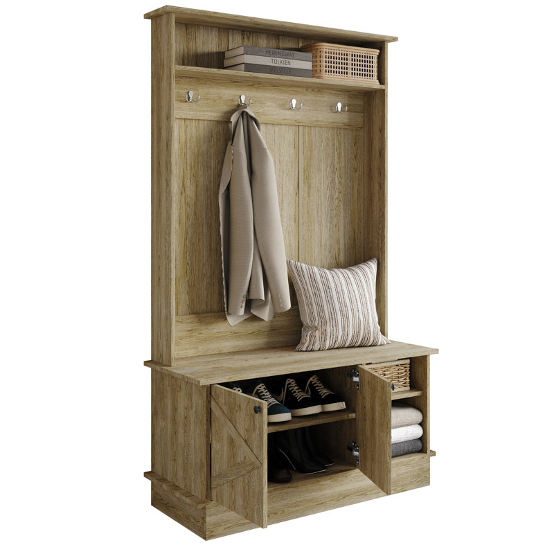 Hall Tree with Storage Cabinet, Light Oak