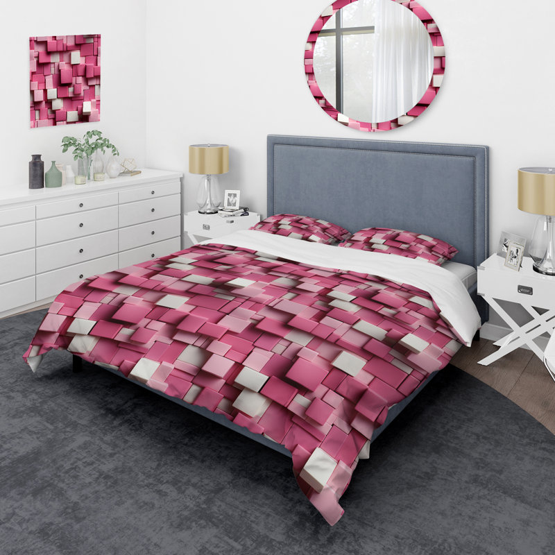 Literie rose et blanche Blockchain, Housse de couette simple + 1 taie décorative stan