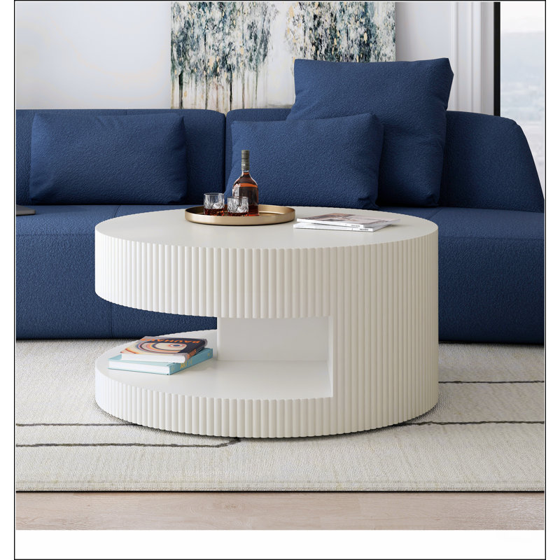 Table basse ronde 31,5 po, table centrale moderne avec rangement, table basse à rayures verticales, Blanc