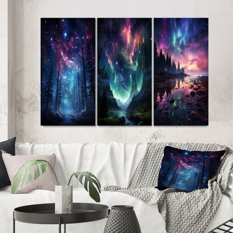 «Aurora Borealis Dancing Lights», 3 pièces sur toile, Toile tendue, H 28 po x l 36 po