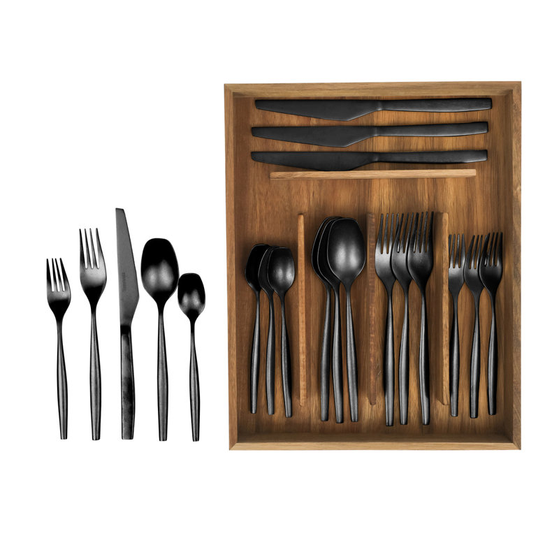Bloomhouse 20 Piece Stone Washed Flatware 18/10 Stainless Steel Silverware Cutlery Utensil Set With Acacia Wood Caddy , Black