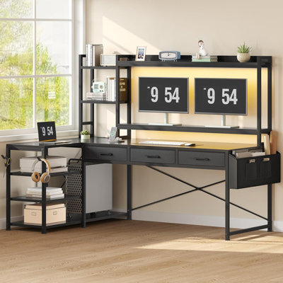 Barbarino 55" Farmhouse L Shaped Computer Desk Height Adjustable Corner Desk With Storage Drawers by Wrought Studio
