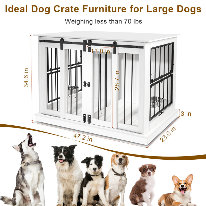 White Medium Wooden Dog Crate Table with Sliding Doors