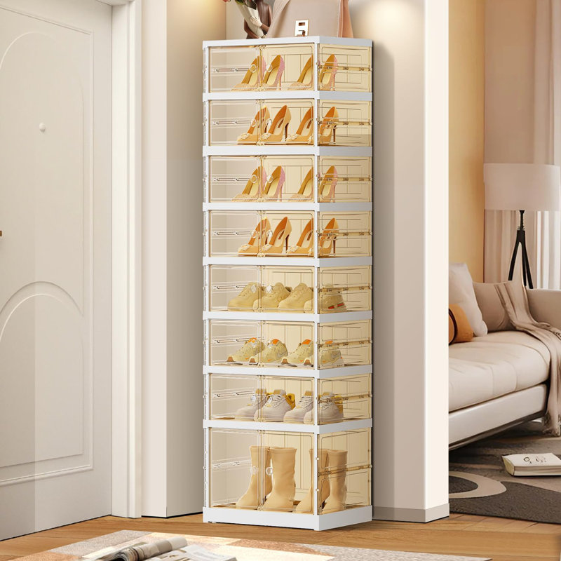 Foldable Shoe Storage Rack With Clear Doors, 8-Tier Stackable Shoe Organizer For Closet, Large Plastic Shoe Cabinet With Magnetic Doors, Space-Saving Shoe Shelf For Entryway
