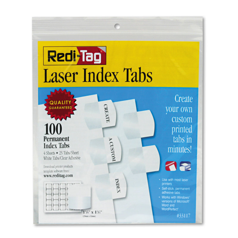 Redi-Tag White Laser Printable Index Tabs, 1.13" Wide, 100/Pack