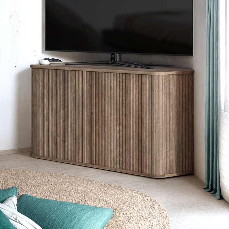 Meuble télé de coin avec porte coulissante cannelée Aurel, Brun