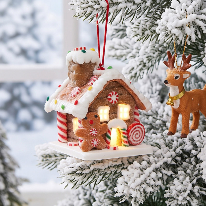 Maison de Noël lumineuse en polymère, en forme de maison de conte de fées, à poser sur une table. Fonctionne à piles. Veilleuse idéale pour la maison ou le bureau. Cadeau parfait pour les fêtes.