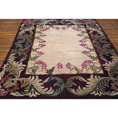 Antique Cream Color Field European Floral Pattern American Hooked Rug