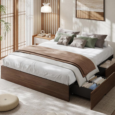 Queen Size Space-Saving Wood Platform Bed Frame with 2 Storage Drawers - Sturdy Wooden Slat Support - No Headboard or Box Spring Needed - Easy Assembly Bedroom Furniture