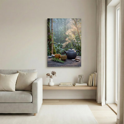 Théière noire et tasses avec romarin sur toile de table en bois, art mural